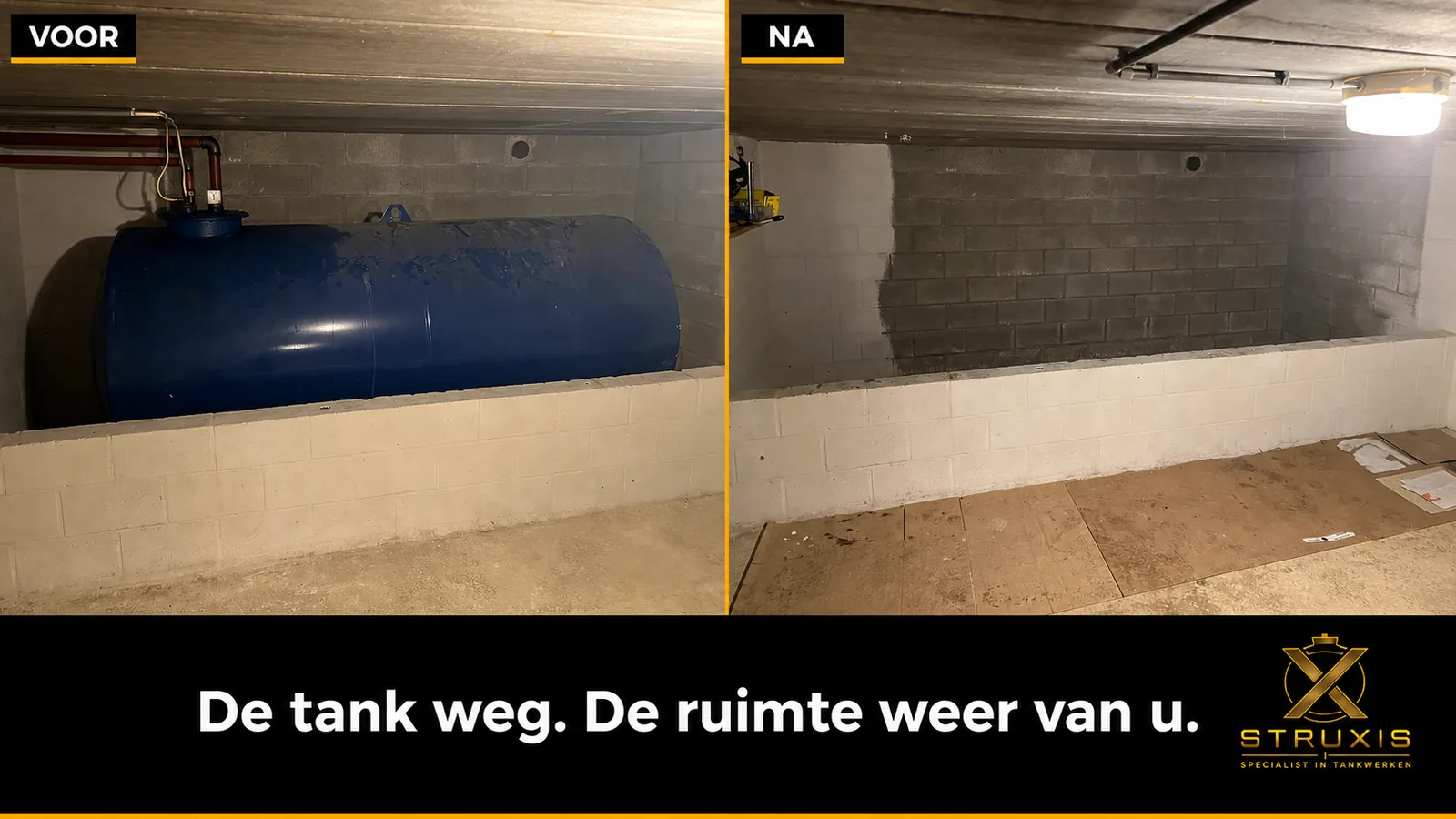 Voor en na verwijderen van blauwe mazouttank uit kelder