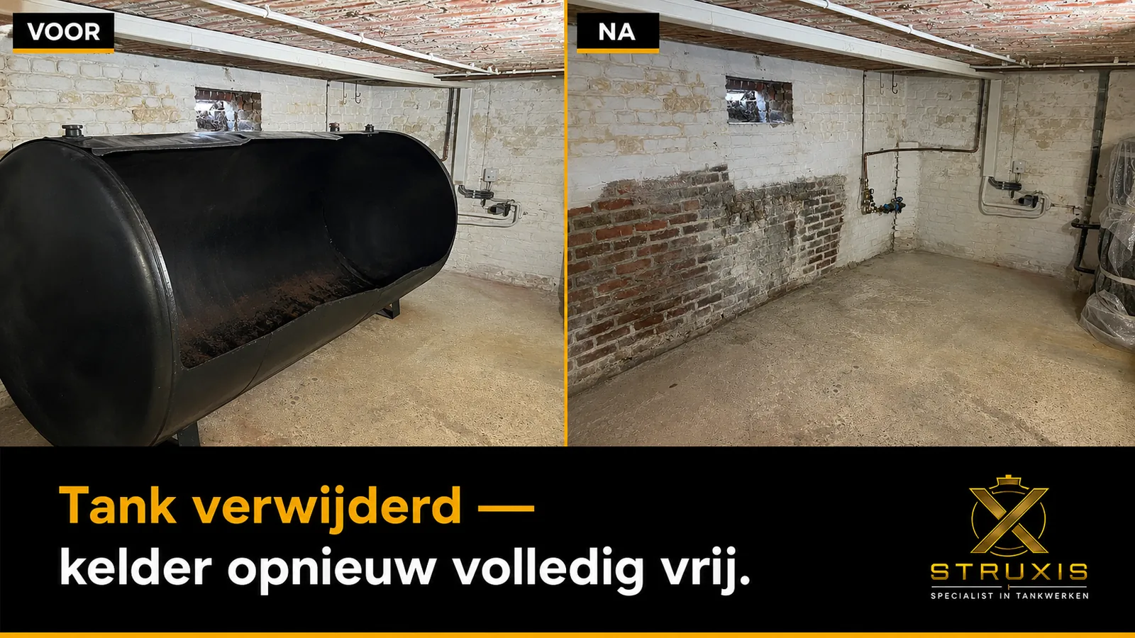 Voor en na verwijderen van grote mazouttank uit kelder