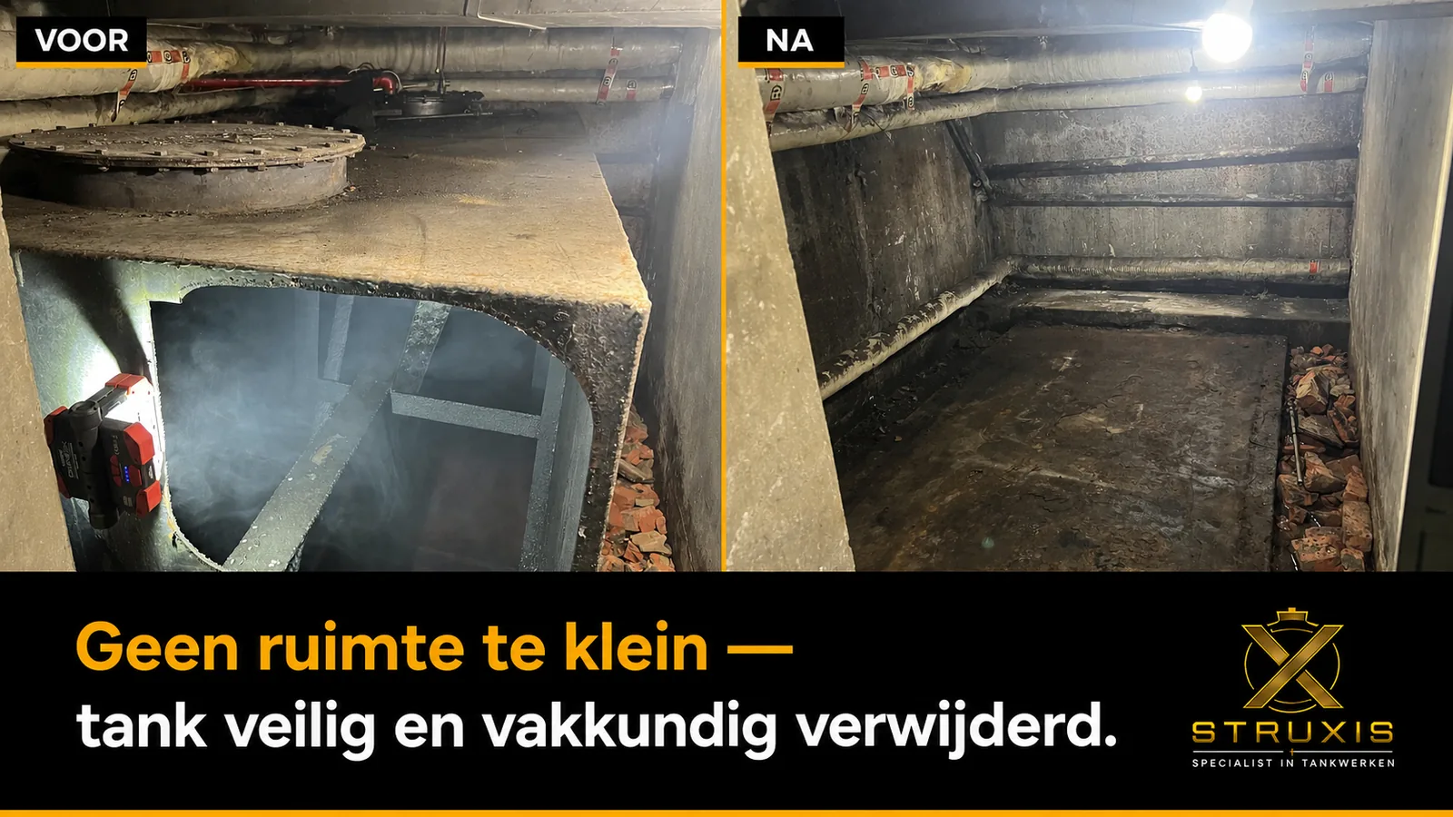 Voor en na tankafbraak in kelder met zeer beperkte werkhoogte