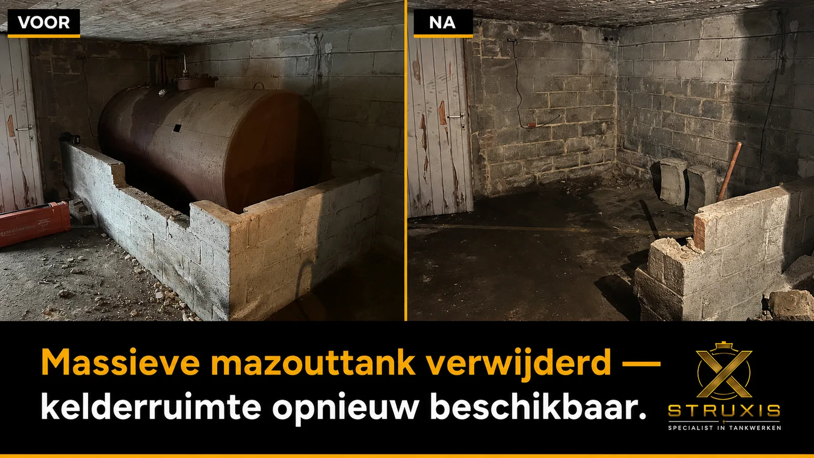 Voor en na verwijderen van massieve mazouttank uit kelder