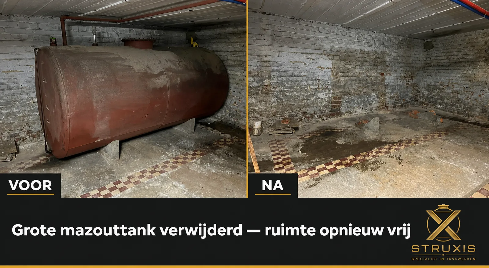 Voor en na verwijderen van grote mazouttank uit kelder