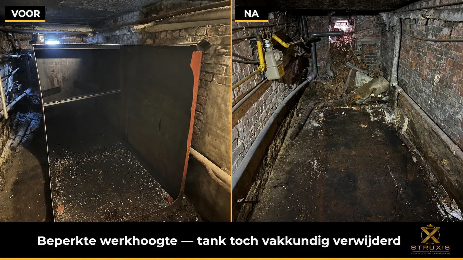 Voor en na tankafbraak in lage kruipruimte