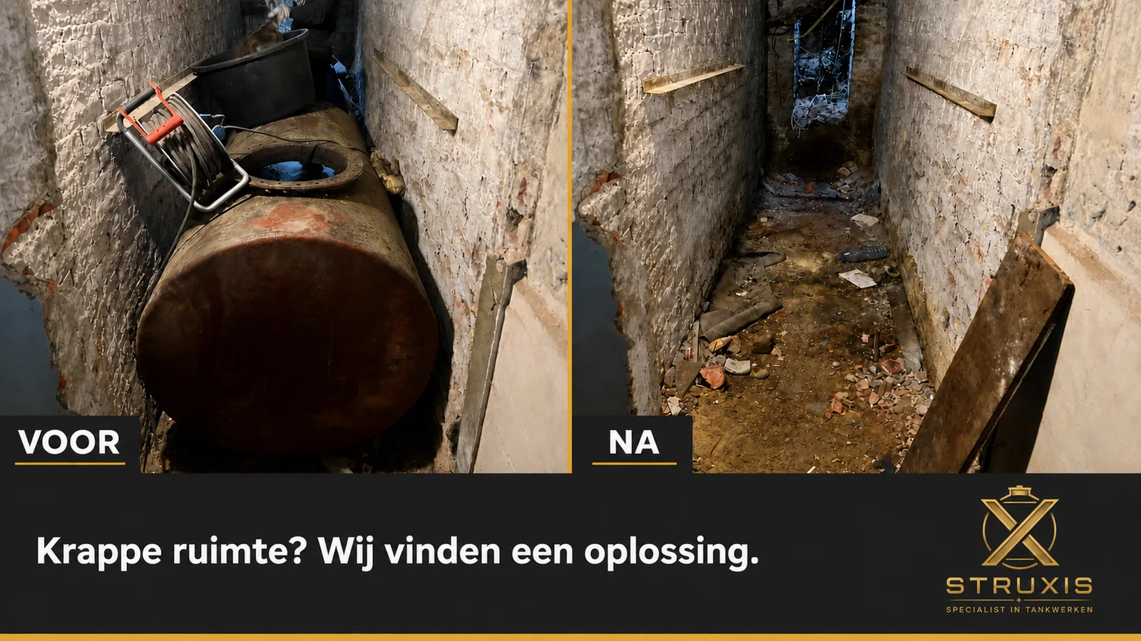 Voor en na verwijderen van mazouttank uit een nauwe kelderruimte