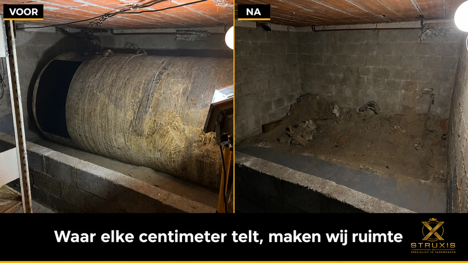 Voor en na verwijderen van tank uit lage kelder
