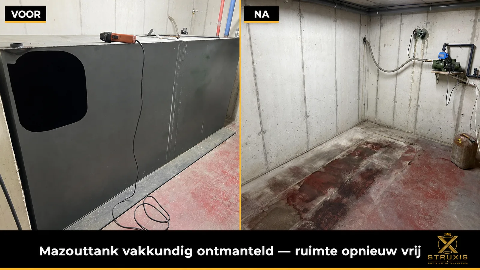 Voor en na ontmantelen van rechthoekige mazouttank