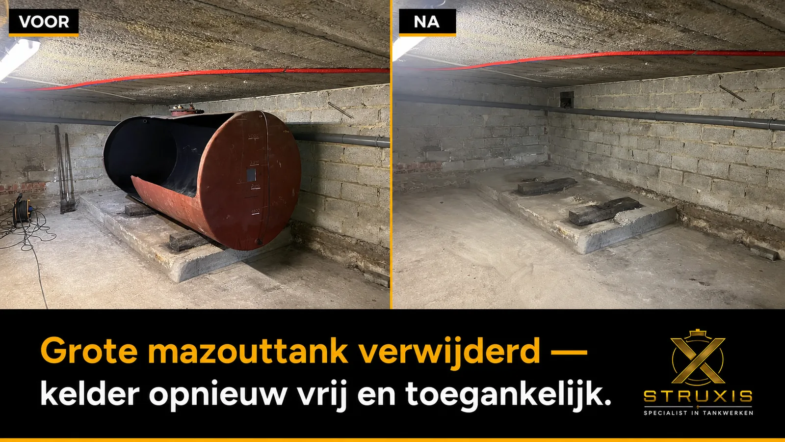 Voor en na afbraak van grote mazouttank