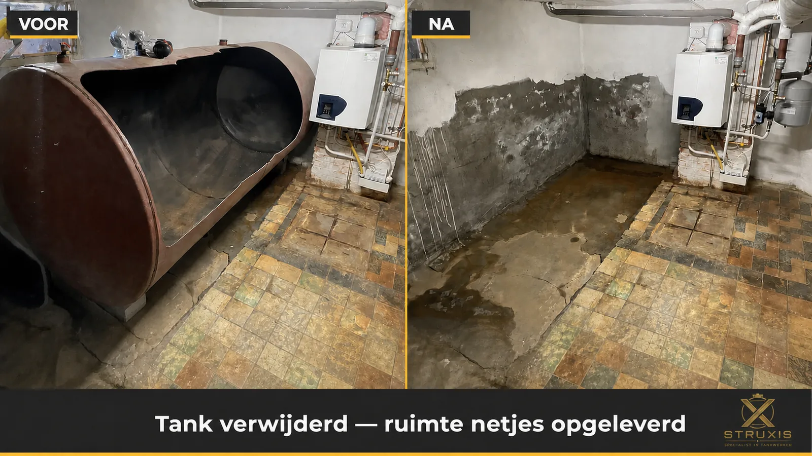Voor en na verwijderen van mazouttank naast verwarmingsinstallatie